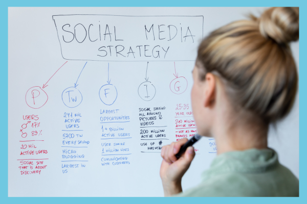 Woman looking at white board with details of a social media strategy