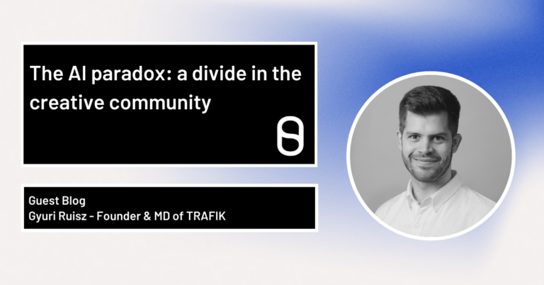 Feature image of blog. -The AI paradox: a divide in the creative community. With image of Gyuri Ruisz, founder of TRAFIK. - a white man in his 40s. With dark hair. A black and white photo.