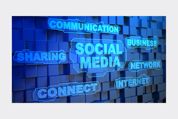 Blue background with the words social media in the centre, other words include communication and connect