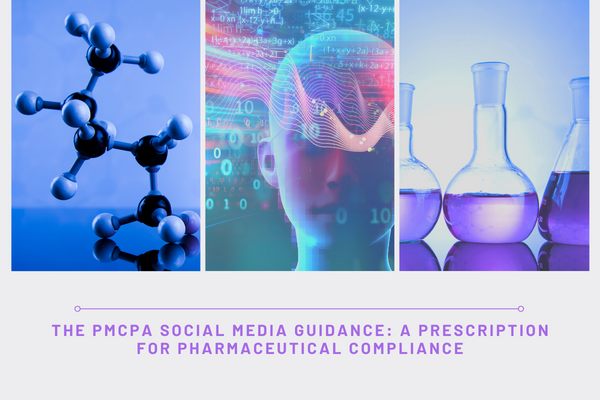 PMCPA - 3 images of science objects, and the title The PMCPA Social Media Guidance: A Prescription for Pharmaceutical Compliance
