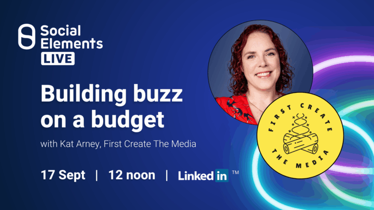 Building buzz on a budget webinar promo including a picture of speaker Kat Arney, smiling and the First Create the Media logo